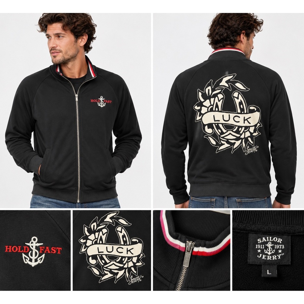 Sailor Jerry Track Jacket Hold Fast Luck Tattoo Graphic Black Mens Large L